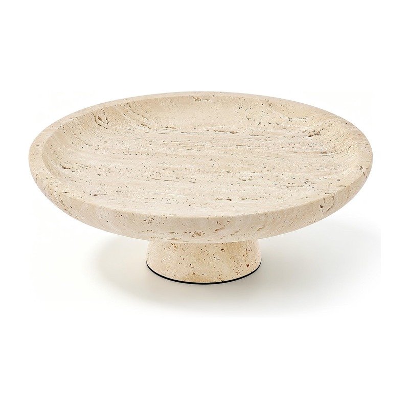 Natural travertine decorative bowl with a low pedestal base