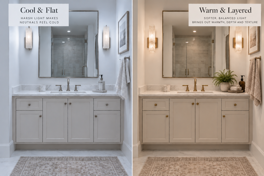 Neutral bathroom vanity under cool lighting compared with softer balanced warm lighting