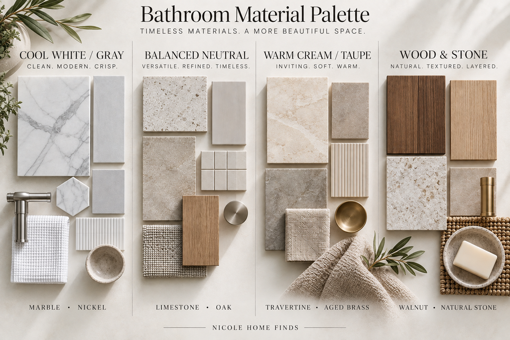 Neutral bathroom material palette comparing cool white, greige, warm cream, taupe, walnut, and natural stone finishes