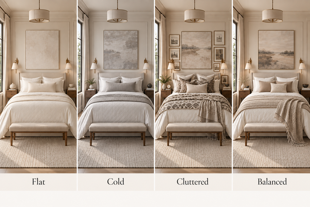Four neutral bedrooms showing the difference between flat, cold, cluttered and balanced bedroom styling