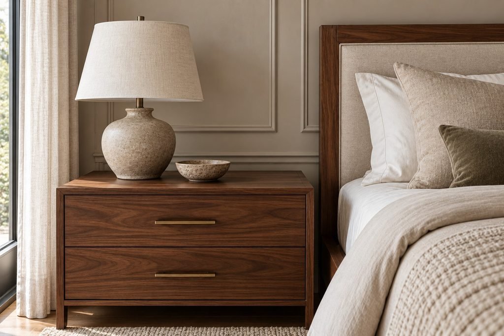 Walnut bedroom nightstand styled with a large ceramic lamp, small bowl and clear usable surface.