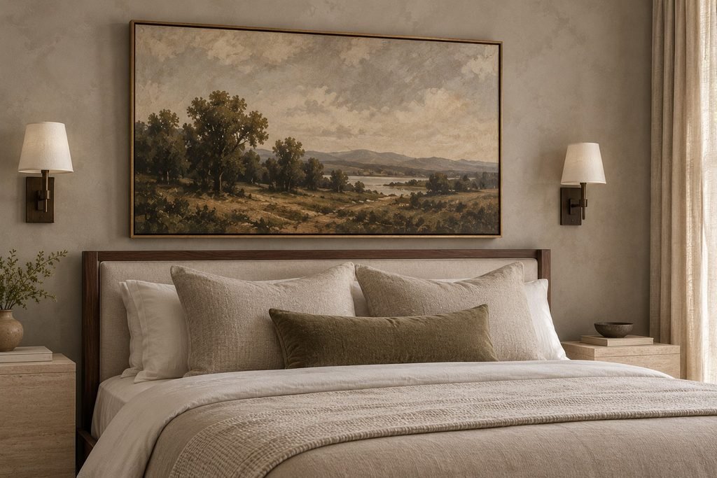 Neutral bedroom with a large vintage-style landscape artwork above a walnut upholstered bed.