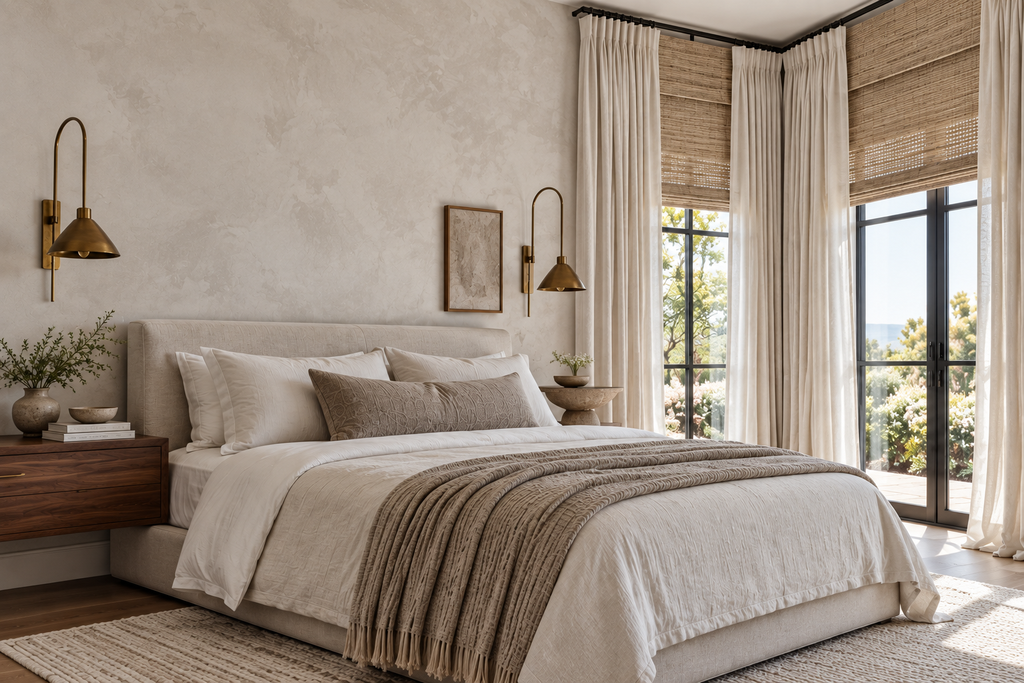 Warm neutral bedroom with aged brass wall sconces, full-length ivory curtains and woven Roman shades.