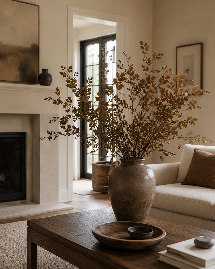 Oversized fall branches in a warm ceramic vase in a minimal neutral living room