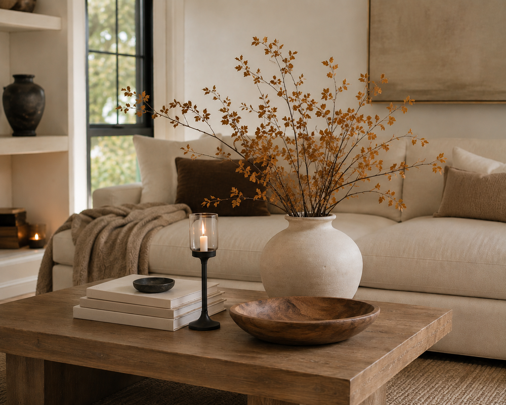 Neutral fall coffee table styled with a ceramic vase of branches, wood bowl and candleholder