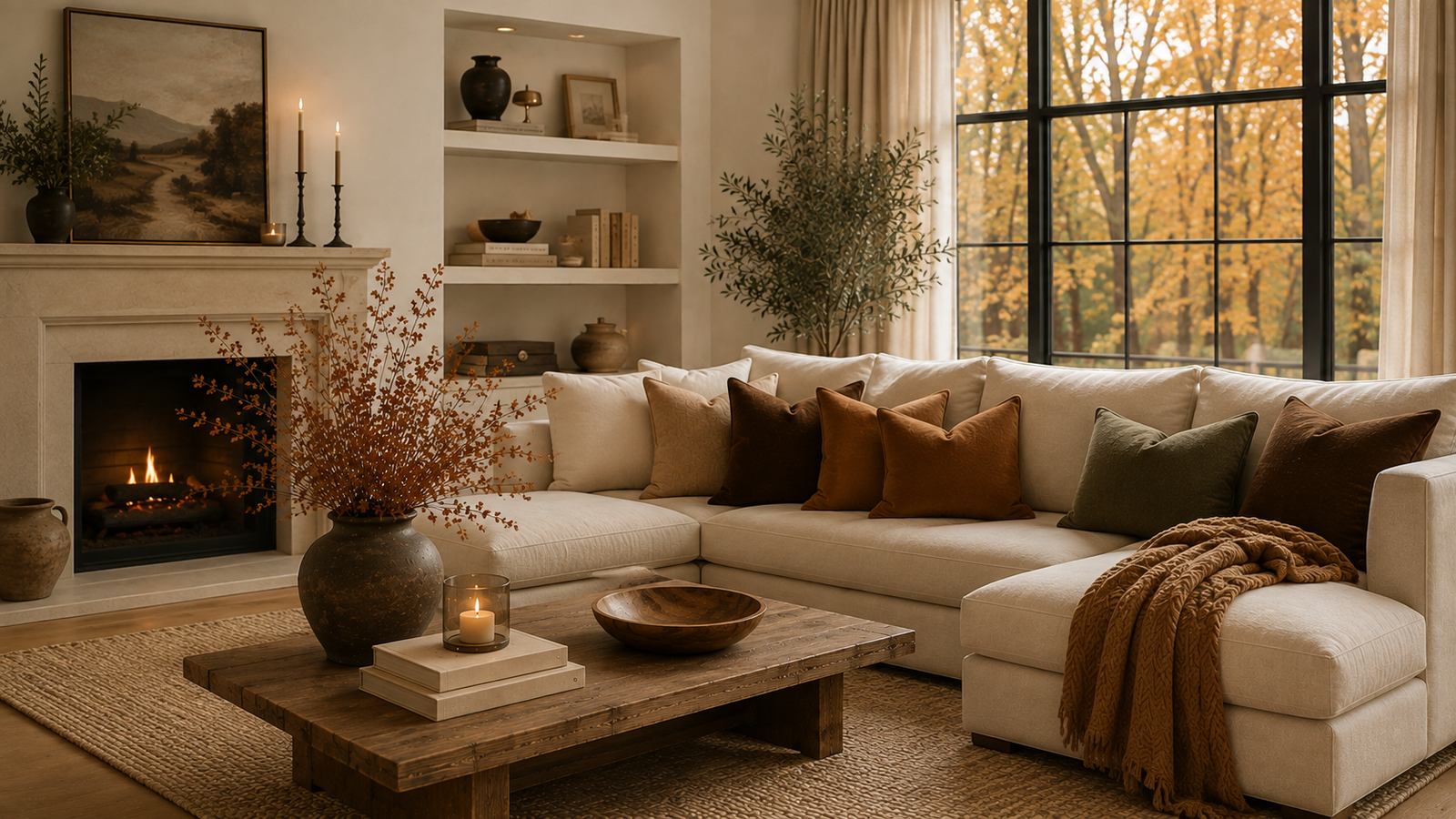 Neutral fall living room with a cream sofa, chocolate brown, camel and olive accents, warm wood and autumn branches