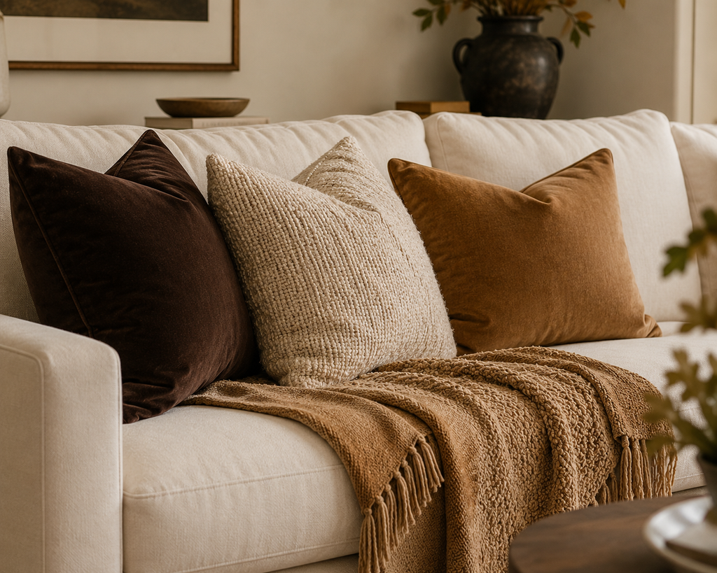Cream sofa layered with chocolate brown, oatmeal and camel pillows and a textured throw