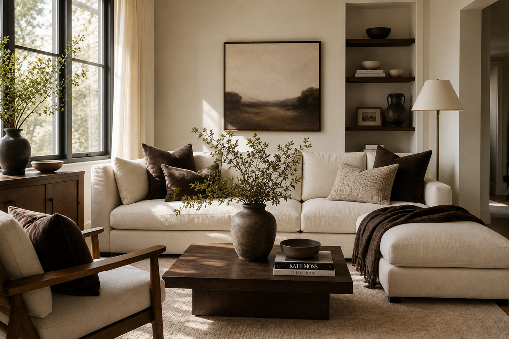 Light neutral living room with chocolate brown accents and warm wood furniture for added contrast