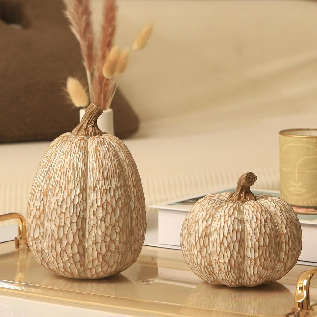Neutral textured decorative pumpkins in warm cream and beige