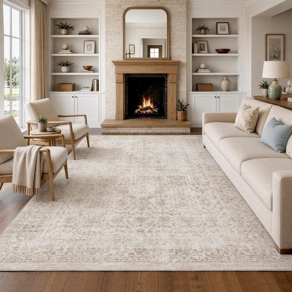 Neutral vintage-inspired area rug in ivory and taupe anchoring a warm neutral living room
