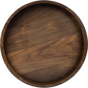 Round walnut wood decorative tray for styling a coffee table