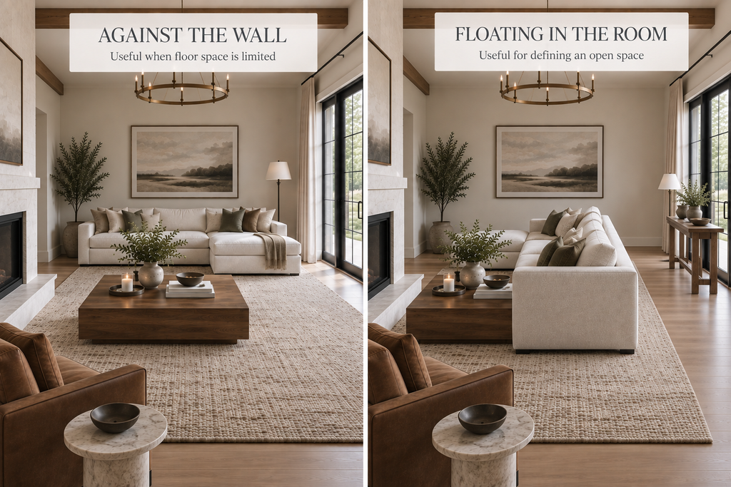 Sectional sofa against the wall compared with a floating sectional and open walkway behind it