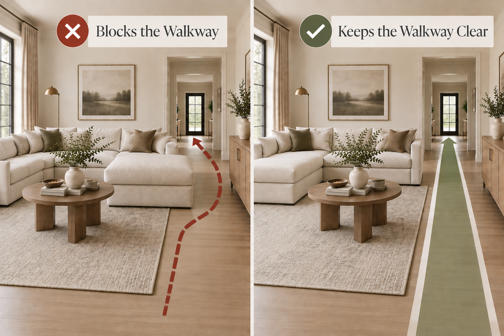 Sectional chaise direction comparison showing a blocked walkway versus a clear living room traffic path