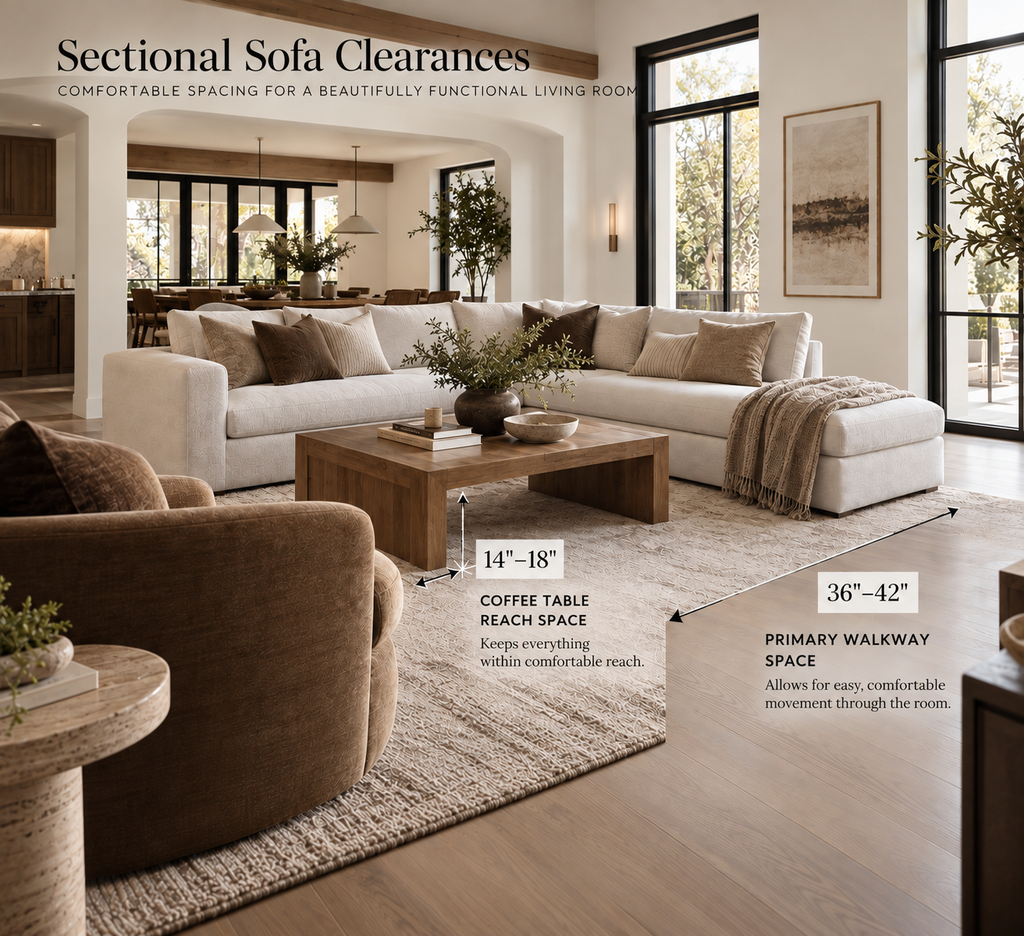Sectional sofa clearance diagram showing 14–18 inch coffee table spacing and 36–42 inch primary walkway space.