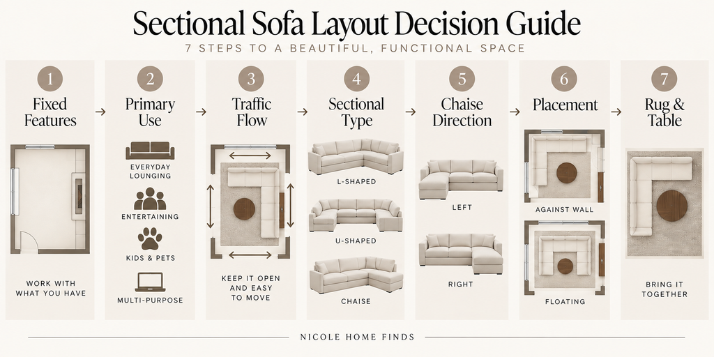 Sectional sofa layout ideas decision guide for chaise direction, traffic flow, rug size, and coffee table placement