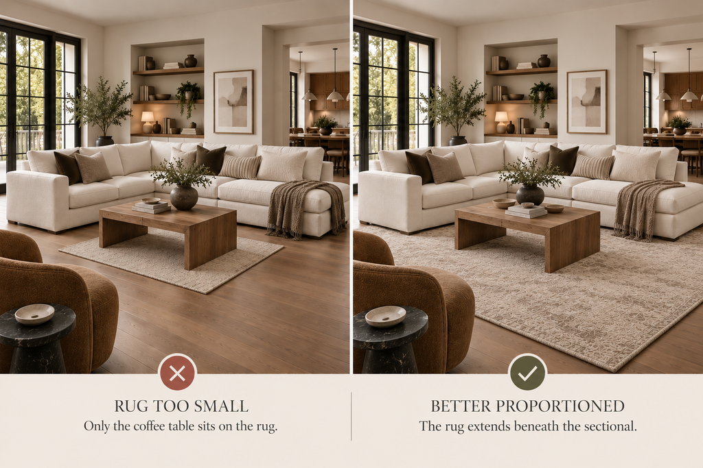 Sectional sofa rug size comparison showing an undersized rug versus a better-proportioned rug extending beneath the sectional.