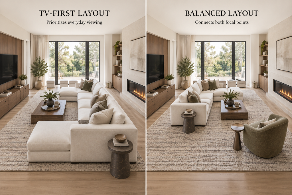 Two sectional sofa layouts showing TV-first and balanced seating arrangements with a TV and fireplace on perpendicular walls