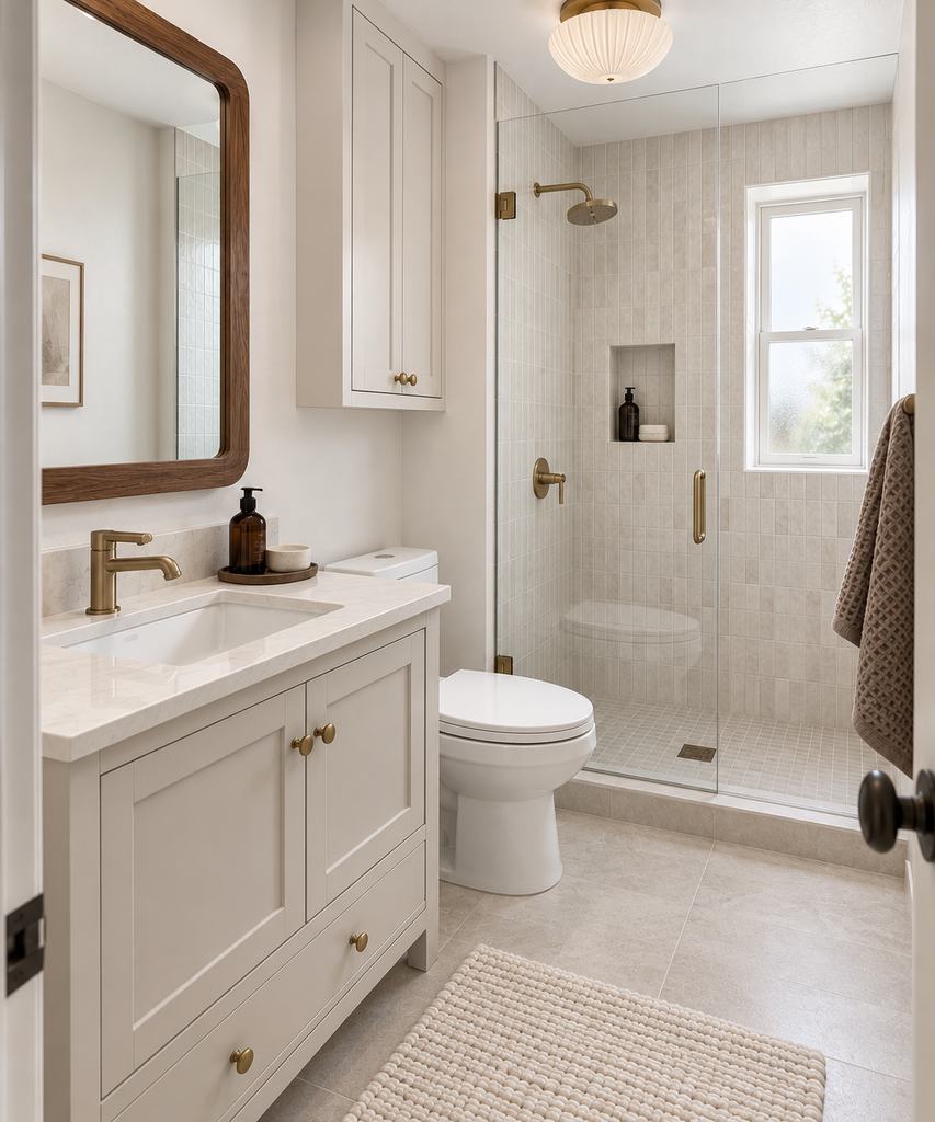 Small warm white bathroom with walnut mirror, mushroom towel and textured ivory bath mat