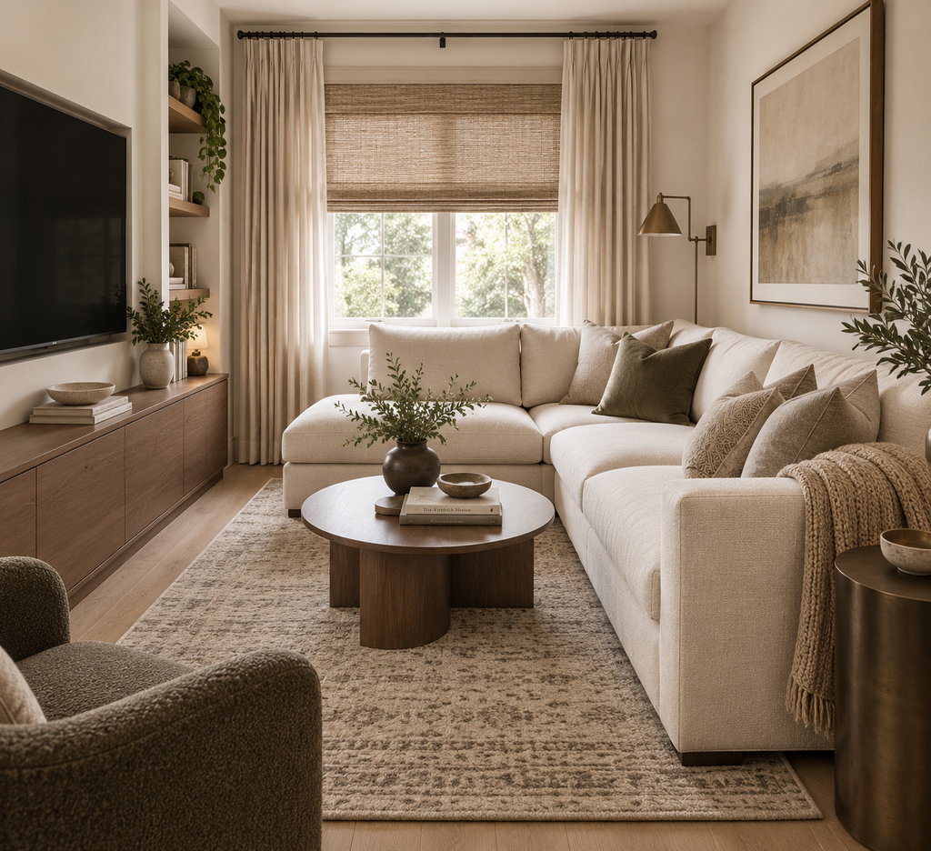 Small living room with a cream sectional, appropriately scaled area rug, and compact round coffee table