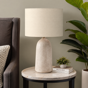 Textured beige ceramic table lamp with a simple linen shade for an entryway console