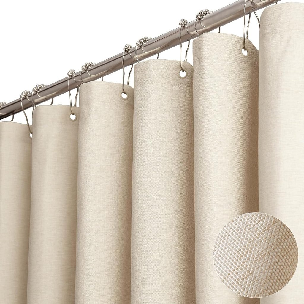 Textured cream shower curtain for a warm neutral bathroom