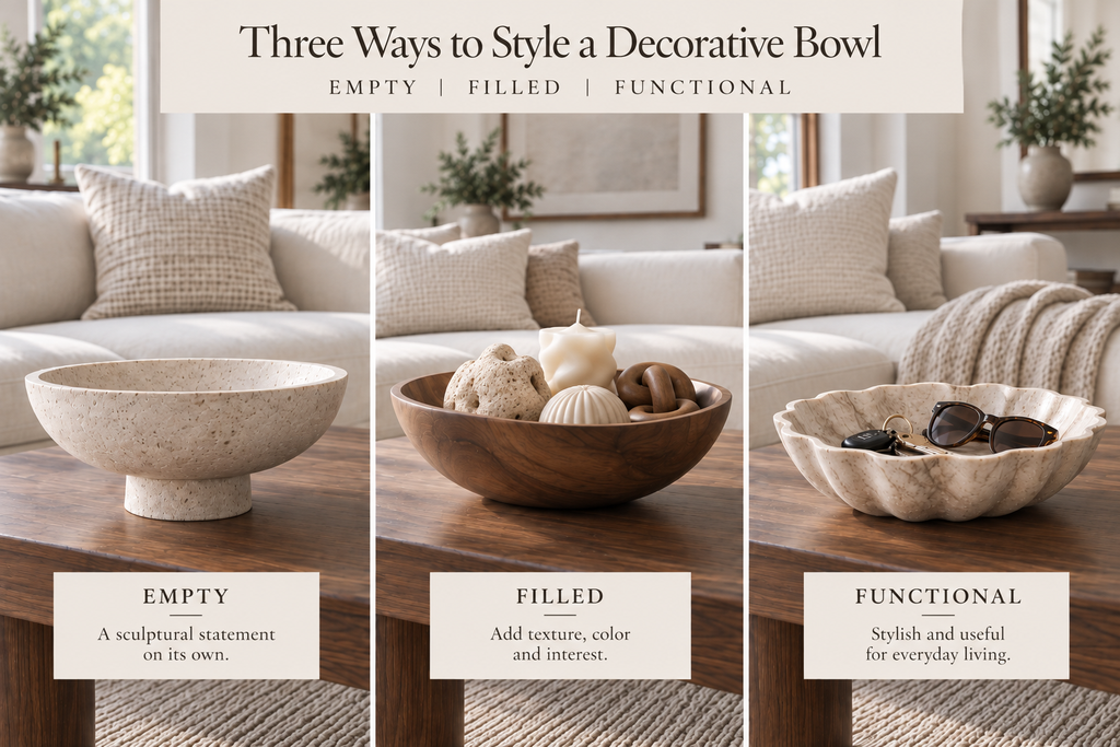 Three ways to style a decorative bowl: empty, filled with decorative objects, and functional with keys and sunglasses.
