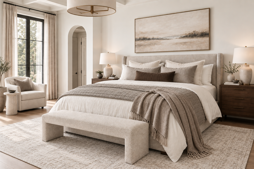 Tonal neutral bedroom layered with warm white, ivory, oatmeal, mushroom, taupe and brown