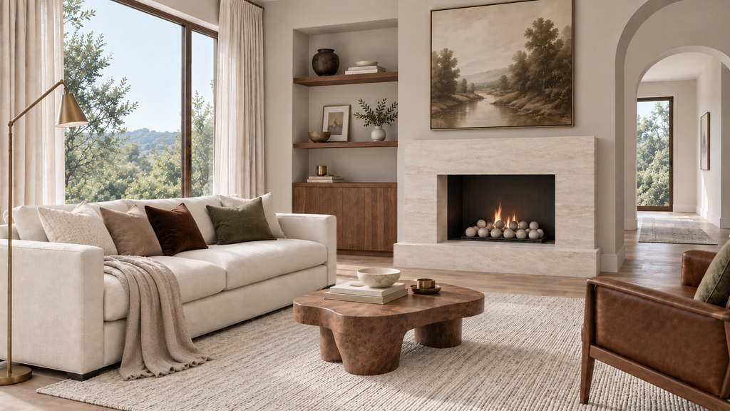 Warm home decor ideas with cream sofa, walnut coffee table, chocolate leather chair, and limestone fireplace