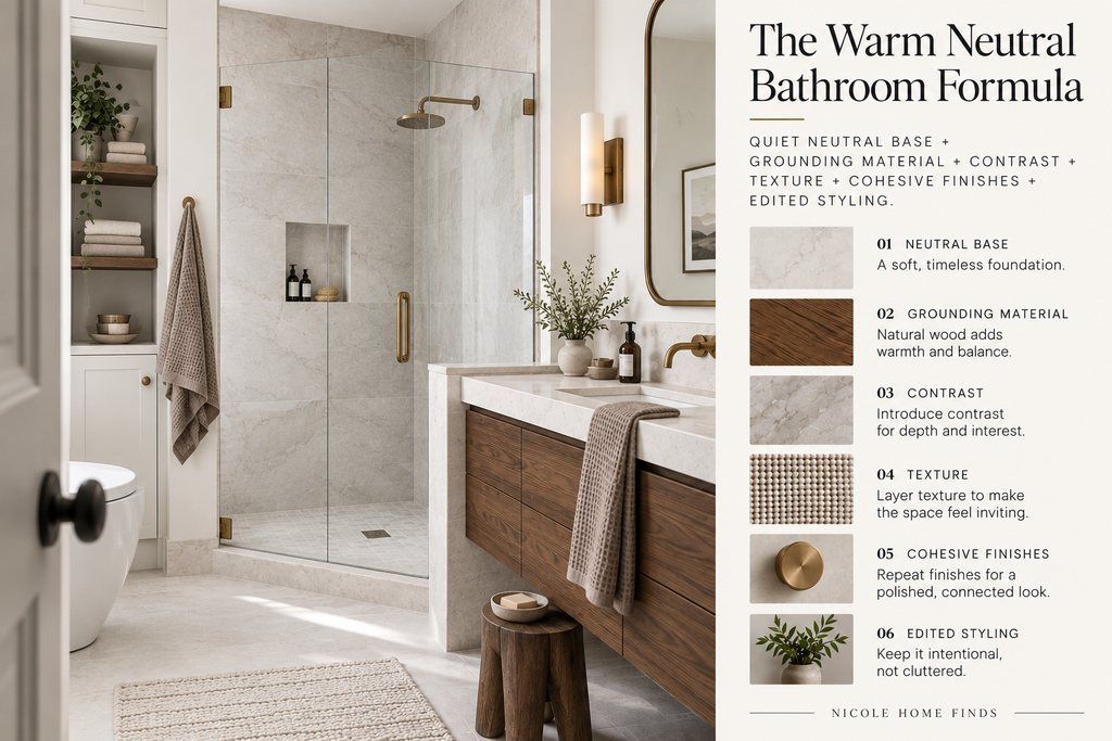 Warm neutral bathroom design formula showing an ivory stone shower, walnut vanity, layered texture, contrast, and aged brass finishes