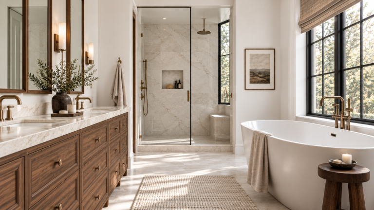 How to make a neutral bathroom feel warm with layered wood, texture and contrast