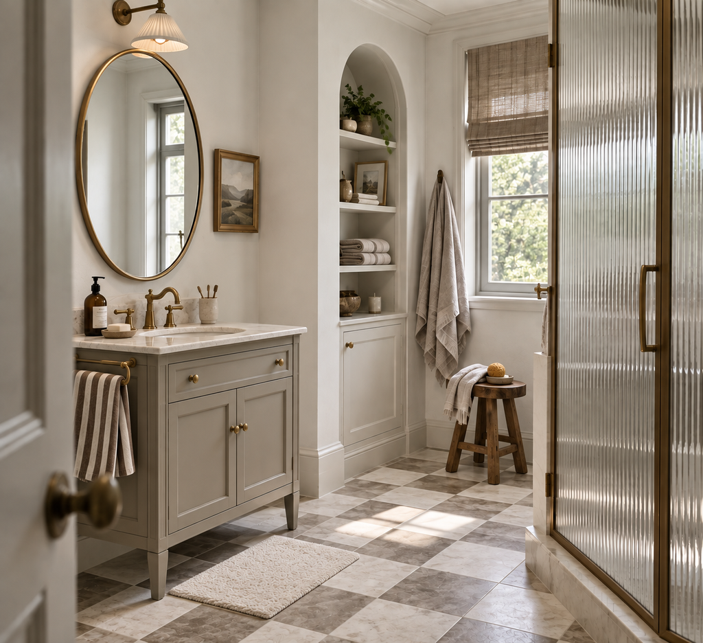 Warm neutral bathroom with upgraded brass mirror, lighting, layered textiles and wood accents