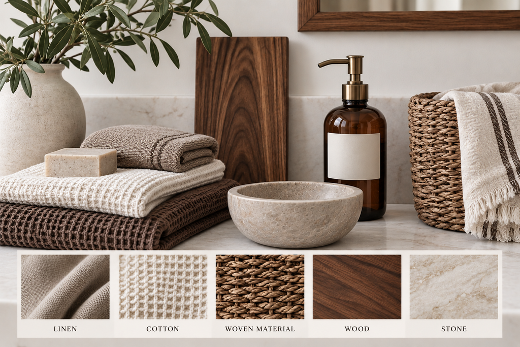 Warm neutral bathroom texture study with linen, cotton, woven material, walnut wood and natural stone