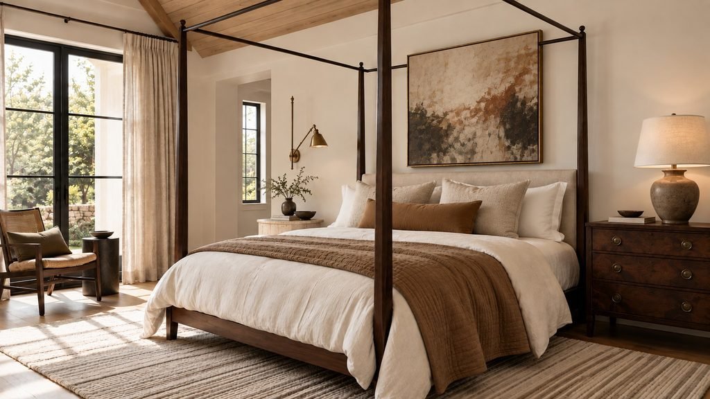 Warm neutral bedroom with a dark walnut canopy bed, vintage-style artwork and mismatched nightstands.