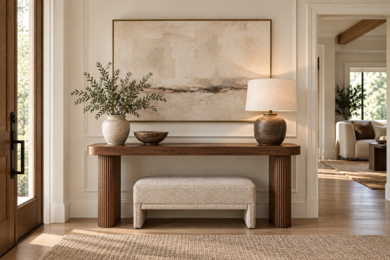 Warm neutral entryway with a walnut console table, decorative bowl, abstract artwork, table lamp, and upholstered bench