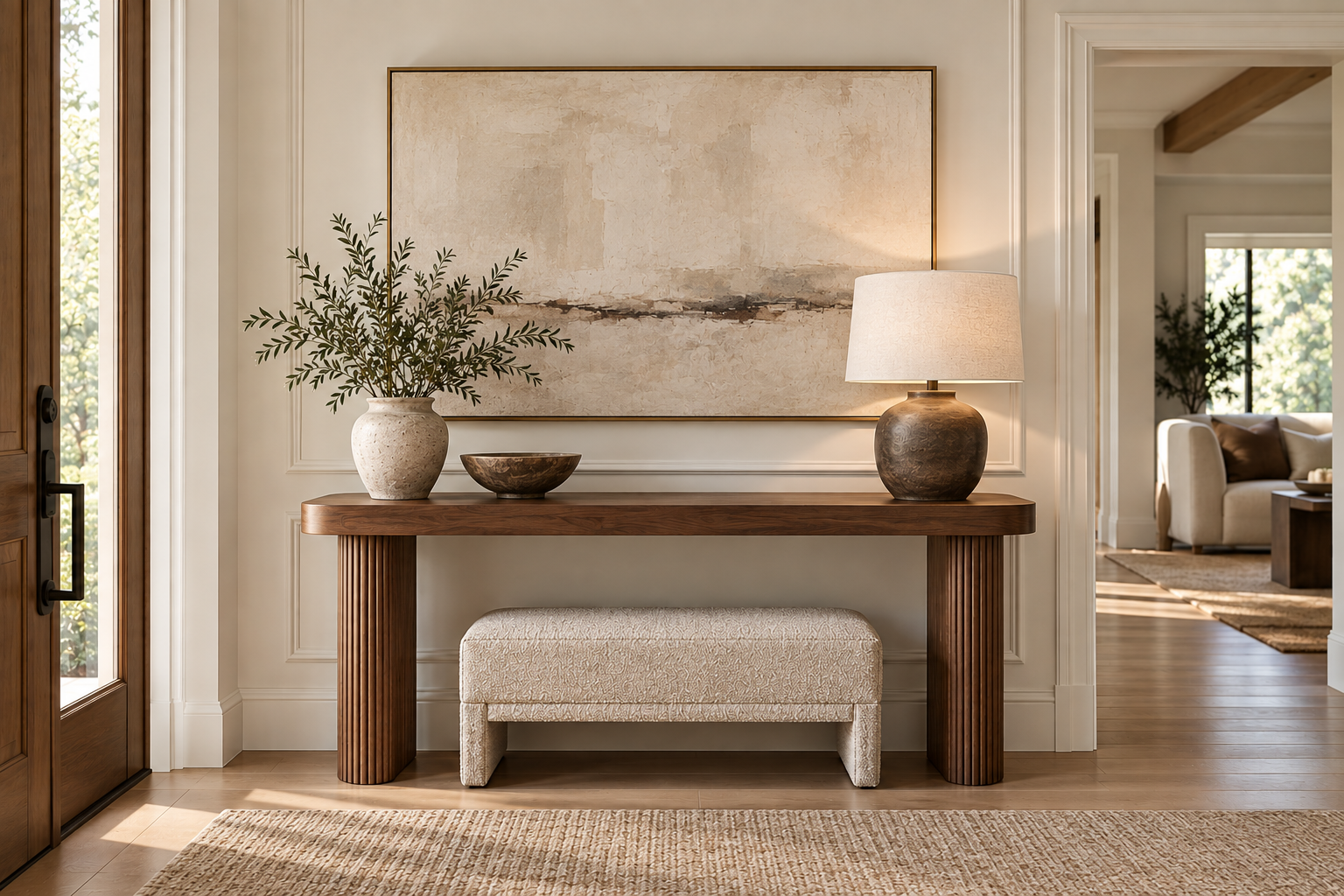 Warm neutral entryway with a walnut console table, decorative bowl, abstract artwork, table lamp, and upholstered bench