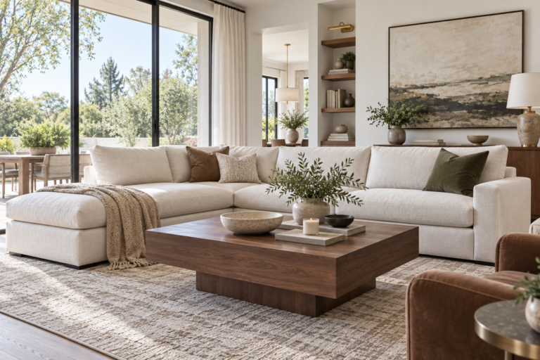 Warm neutral living room with a cream L-shaped sectional, large area rug, and walnut coffee table