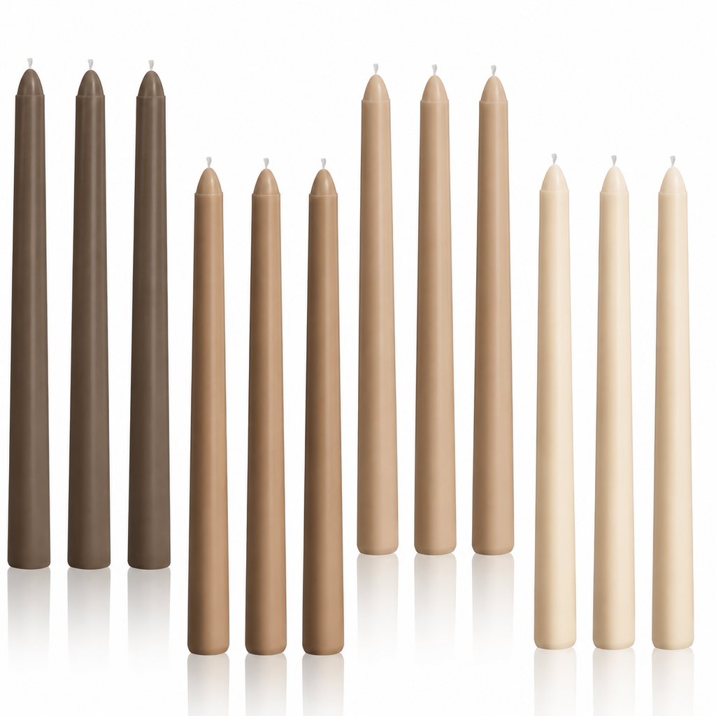 Warm neutral taper candles in shades of brown, taupe, beige and cream
