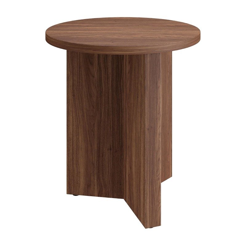 Round warm walnut side table with a Scandinavian-style base
