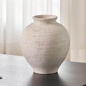 Warm white sculptural ceramic vessel for styling built-in shelves