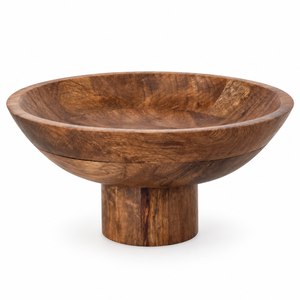 Warm wood footed decorative bowl with a rich walnut finish and natural wood grain.