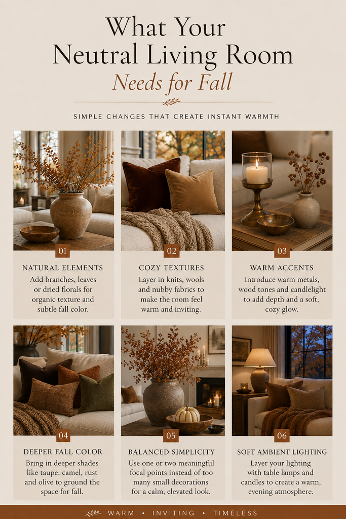 Neutral fall living room decor guide with natural elements, cozy textures, deeper colors and warm lighting