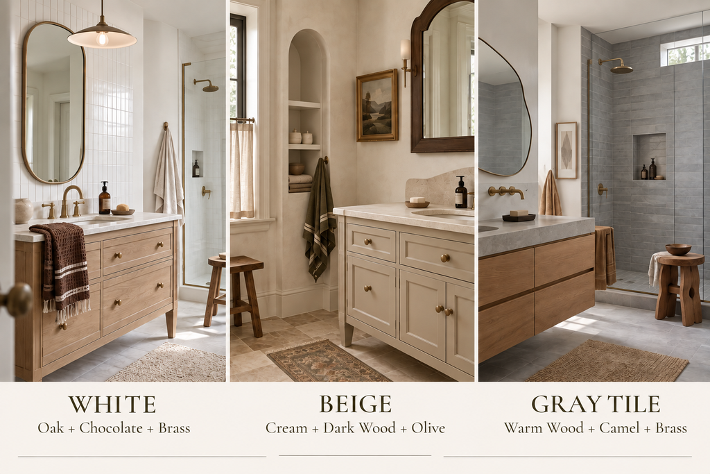 White, beige and gray bathrooms showing warm wood, brass, chocolate, olive and camel accent ideas
