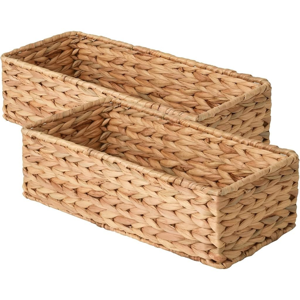 Natural woven storage baskets for organizing bathroom essentials