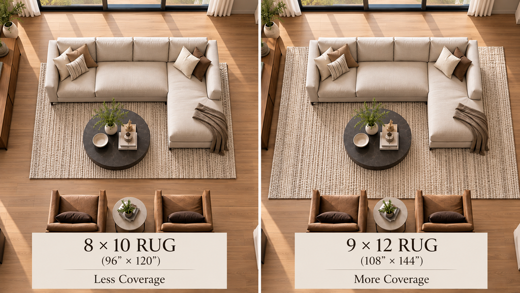 Side-by-side comparison of 8x10 and 9x12 textured area rugs beneath the same L-shaped sectional, showing less versus more floor coverage.
