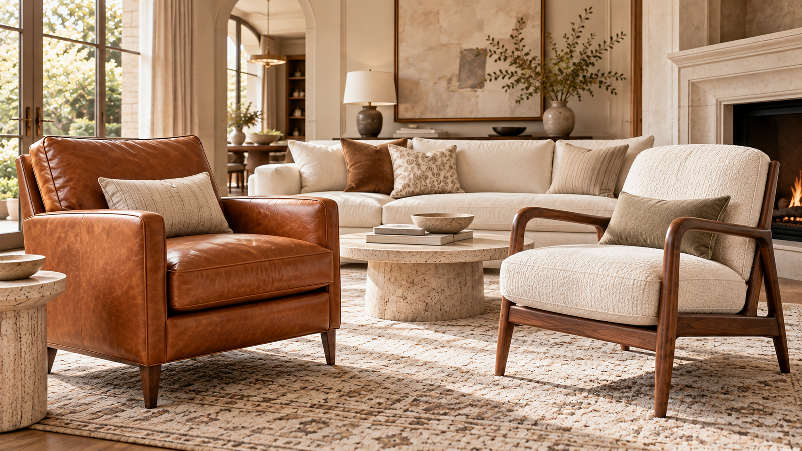 Two accent chairs for cream sofas, including a cognac leather chair and an ivory walnut-frame chair in a neutral living room.
