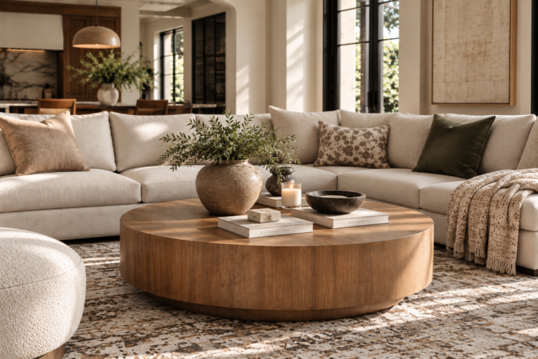 Best coffee tables for sectional sofas in a warm neutral living room.