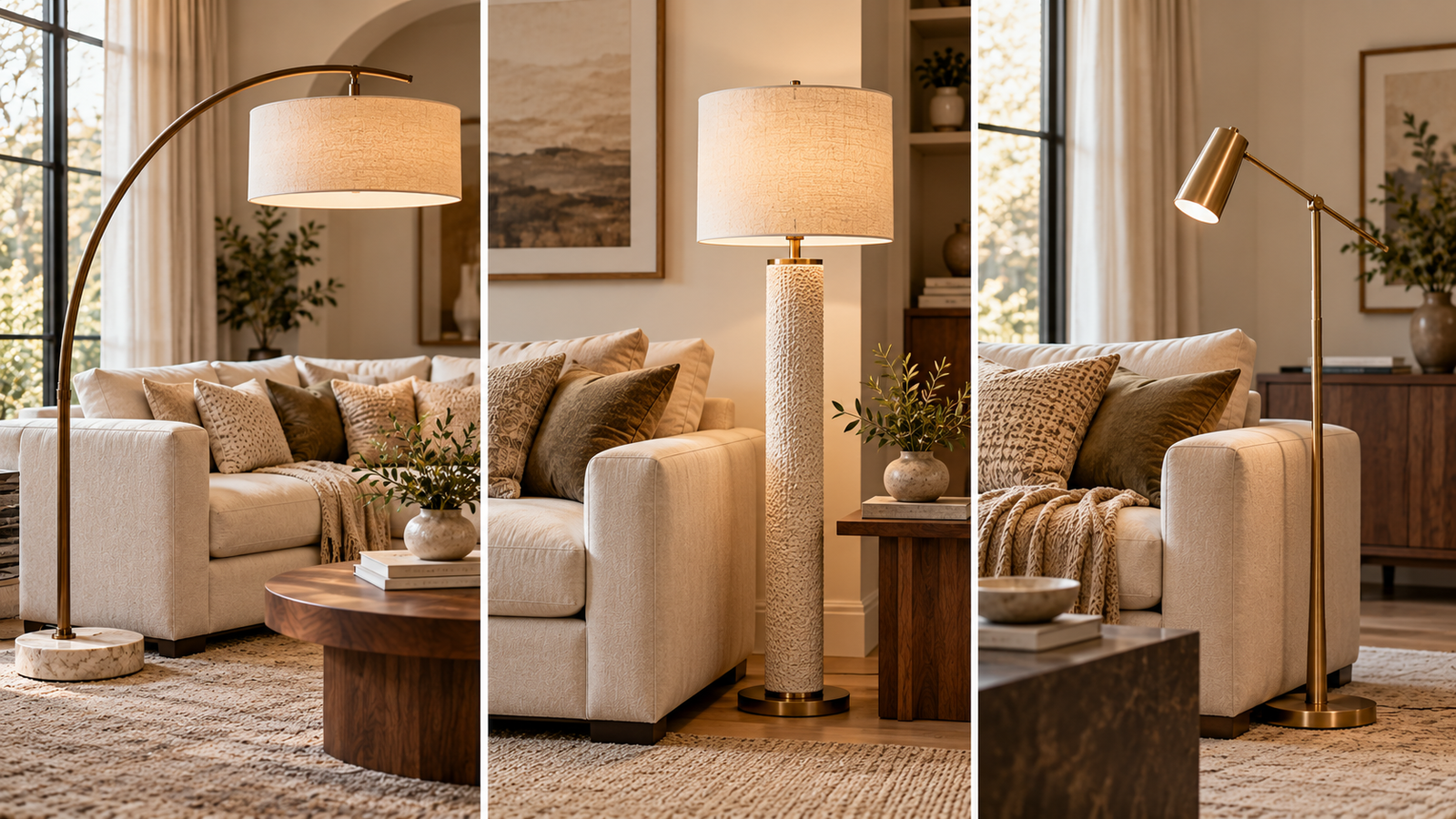 Three floor lamp styles for sectional sofas: a bronze arc lamp, textured neutral lamp with linen shade, and adjustable gold reading lamp beside cream sofas.