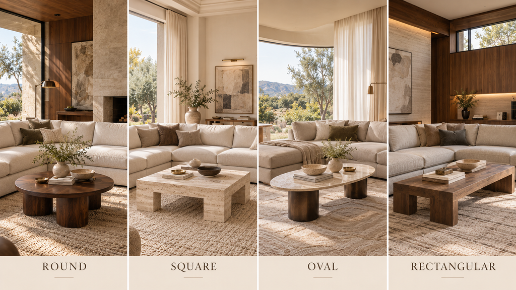 Round, square, oval and rectangular coffee tables paired with sectional sofas.