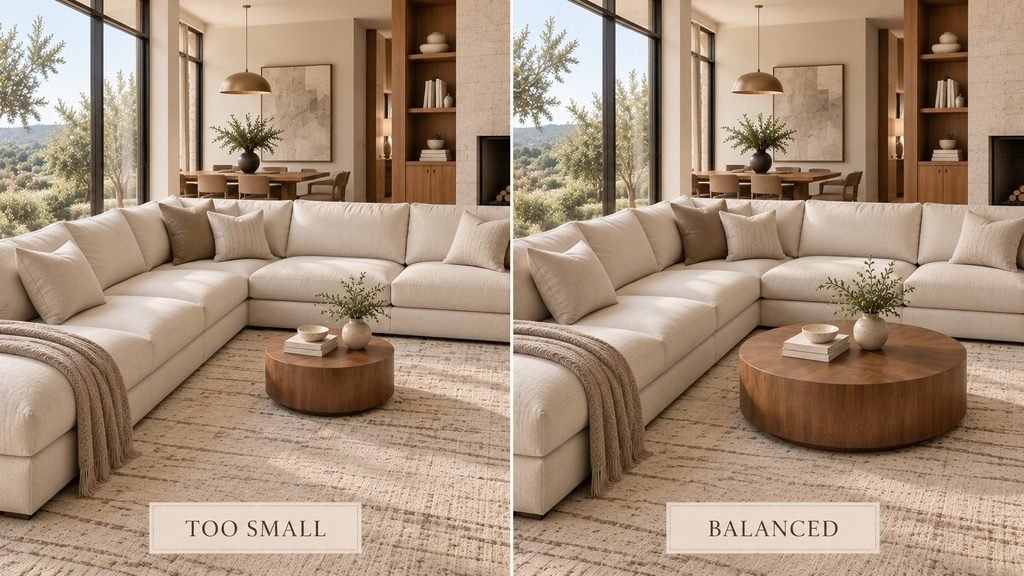 Too-small vs balanced coffee table size for a large sectional sofa.