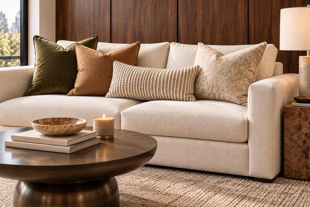 Cream couch with olive green, camel, and textured ivory throw pillows, paired with a beige rug and dark walnut accent wall in a contemporary living room.